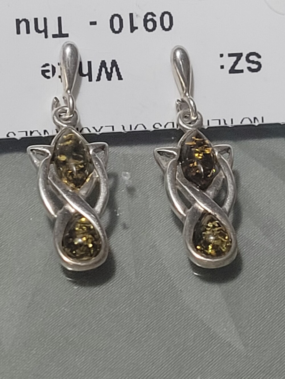 Sterling Silver Green Amber Drop Earrings
